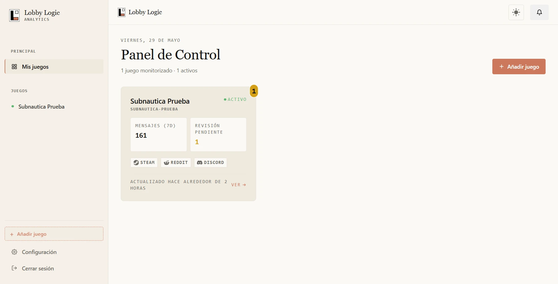 LobbyLogic main dashboard with game cards showing message counts and monitoring status