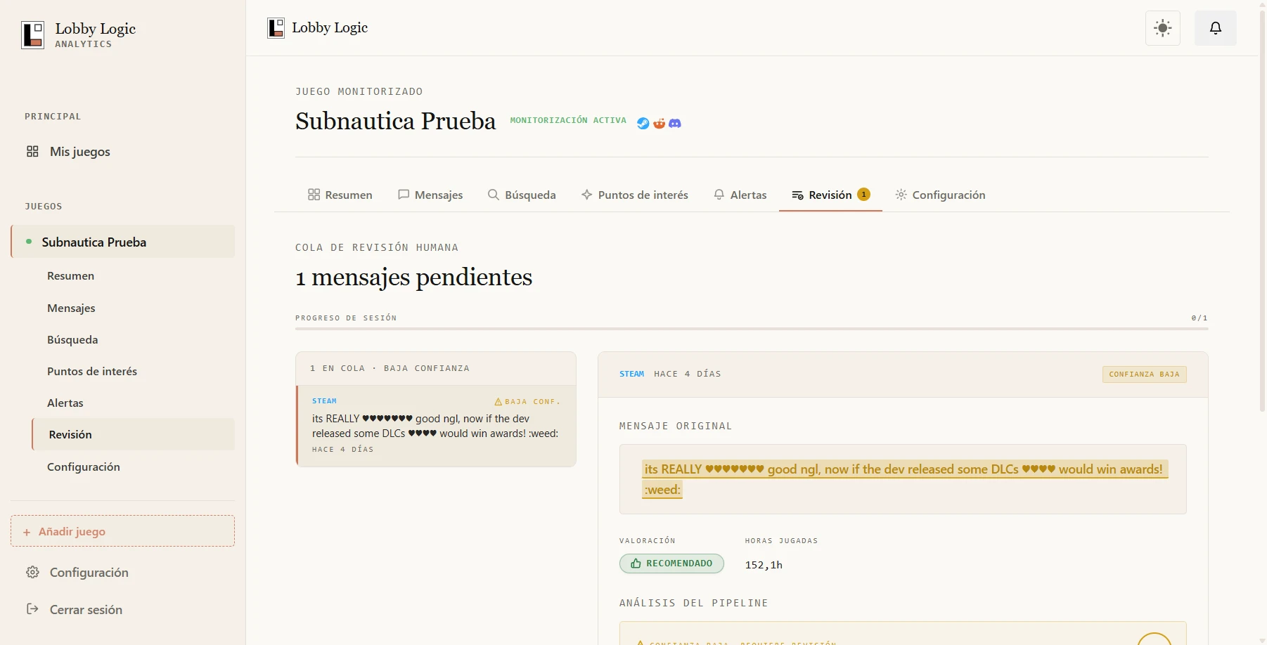 Human review queue showing low-confidence messages pending manual classification with pipeline analysis